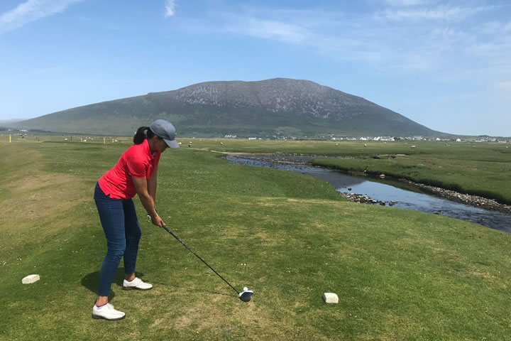 Teeign off at Achill Island Golf Club, facing towards Slievemore mountain, Achill Island, Ireland