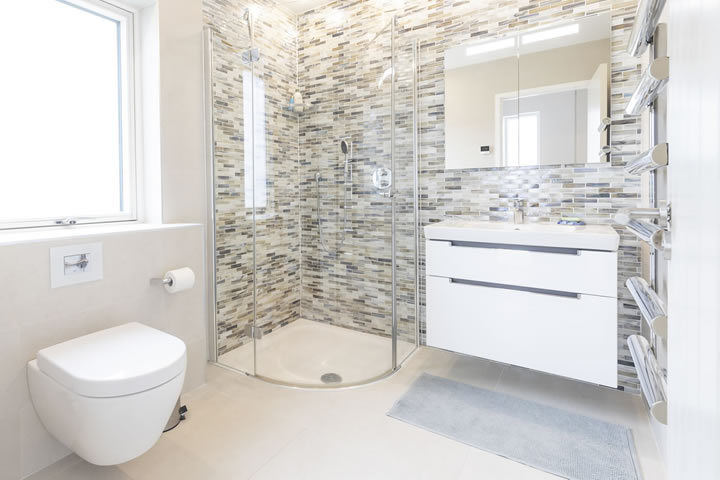 En-suite bathroom with large walk-in shower at Golden Strand View vacation rental, Achill Island, Ireland